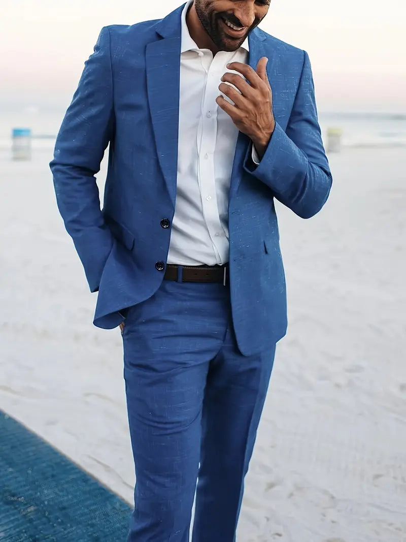 Blue men's slim fit suit set, a stylish two-piece blazer & trousers for business, weddings & special occasions.
