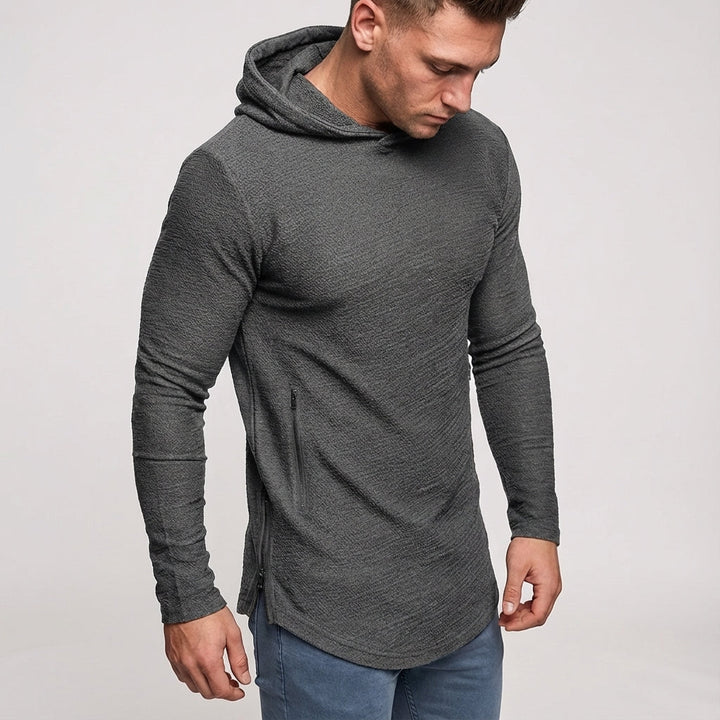 High-performance men's slim fit training top. Zipper hoodie design for athletic comfort & style.