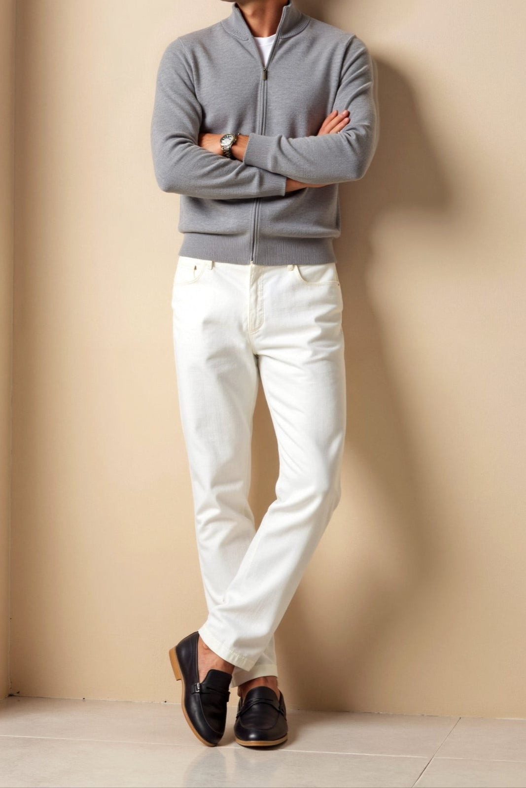 Modern men's slim fit jacket with a practical zip-up closure and elegant stand collar. Great layering piece.