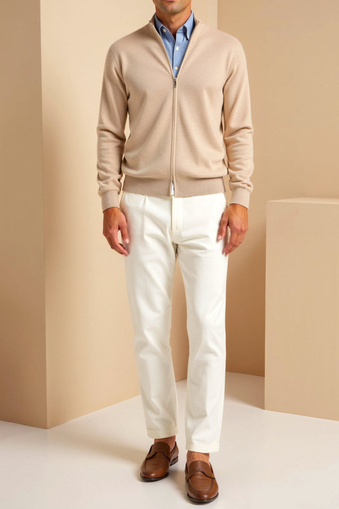 Versatile men's slim fit jacket with a stylish stand collar and full zip. Ideal casual modern outerwear.