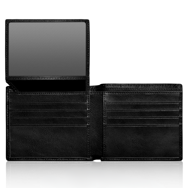 Black leather men's RFID blocking bifold wallet, secure card holder for multiple credit cards & ID.