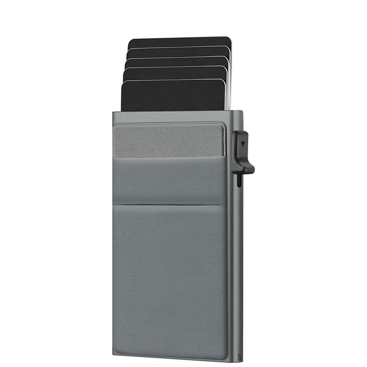 Secure men's slim metal wallet, an RFID credit card holder protecting against skimming.