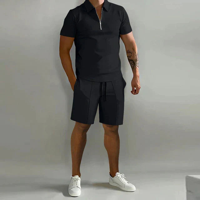 Men's smart summer polo shirt & shorts coordinated outfit set for warm weather casual wear.