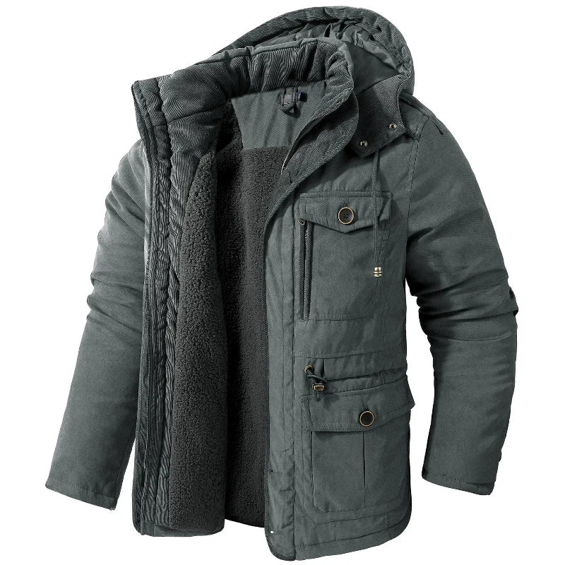 Rugged men's hooded winter jacket, waterproof & windproof, perfect for outdoor warmth & protection.