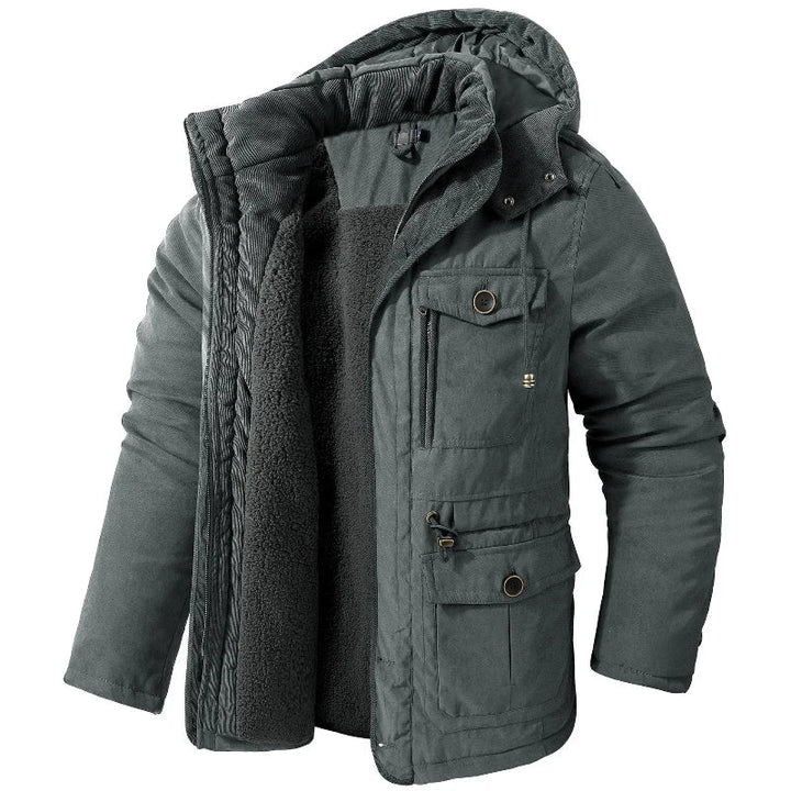 Rugged men's hooded winter jacket, waterproof & windproof, perfect for outdoor warmth & protection.