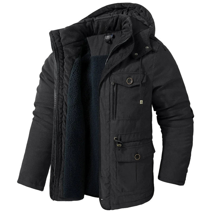 Stylish men's warm winter coat, waterproof, breathable, and durable, designed for cold weather outdoor use.
