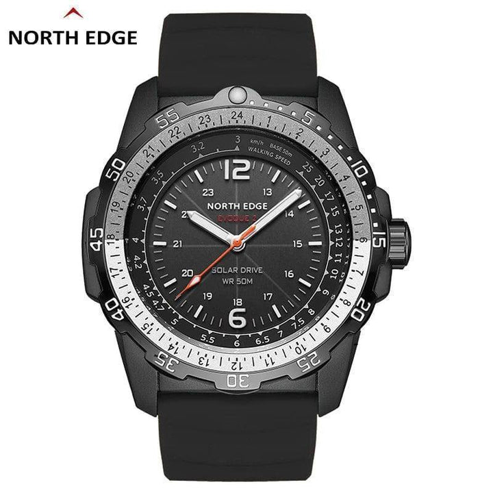 Side view of a men's solar sport watch with a durable black silicone band, ideal for outdoor gear.