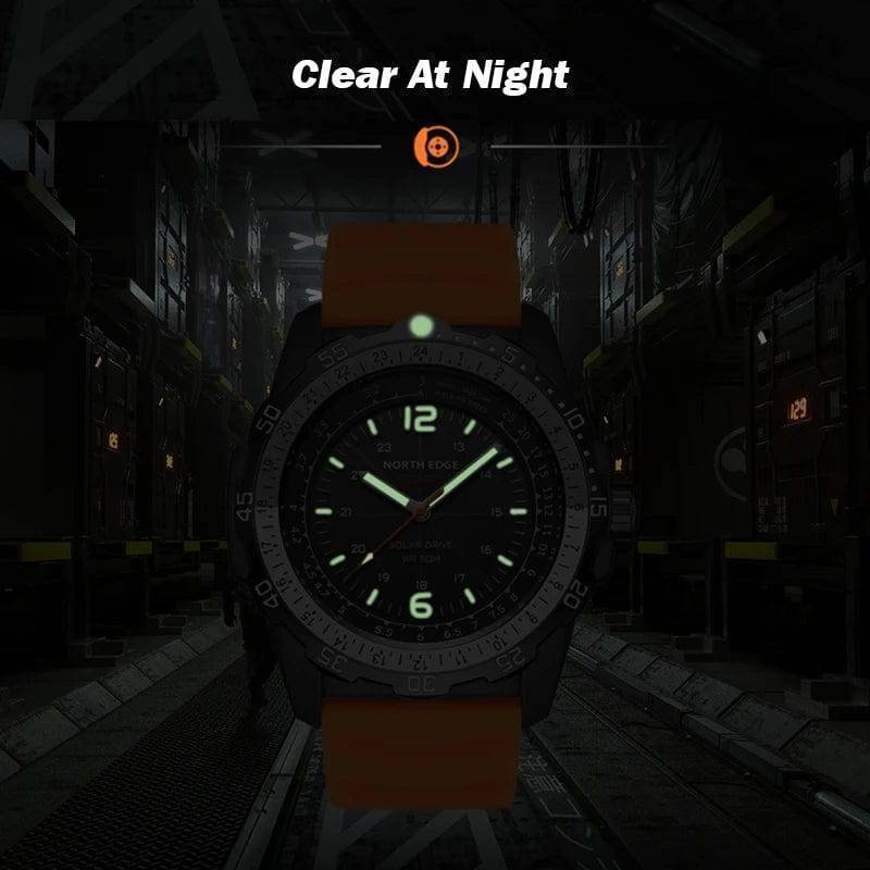 Action shot of a men's waterproof sport watch on a wrist, showcasing its robust design and functionality.