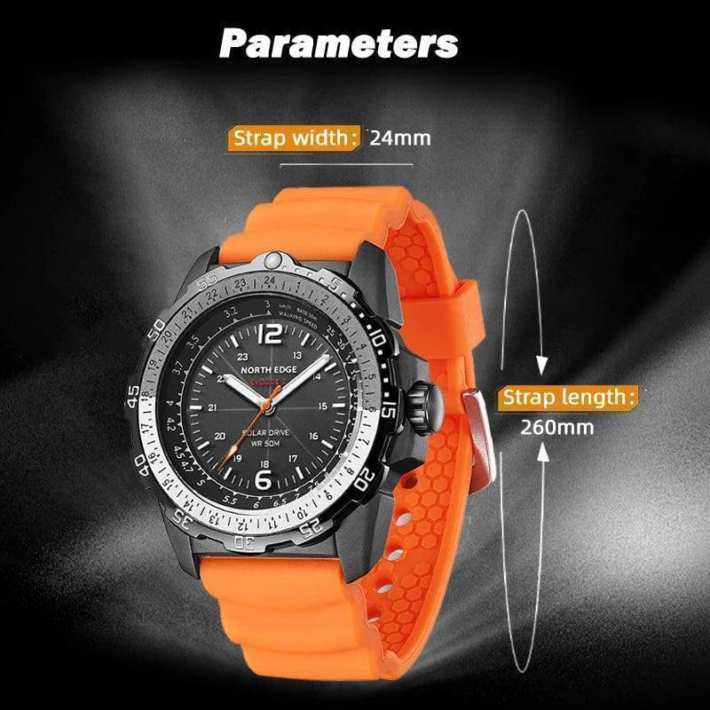 Men's solar-powered digital sport watch, featuring an illuminated display against a dark background.