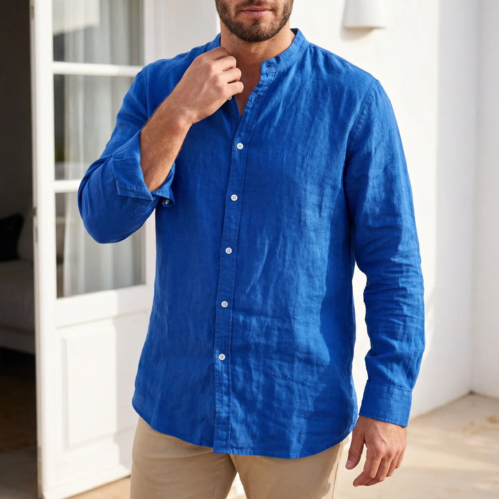Men's solid stand collar long sleeve shirt, perfect for casual or smart casual looks. Versatile relaxed fit.