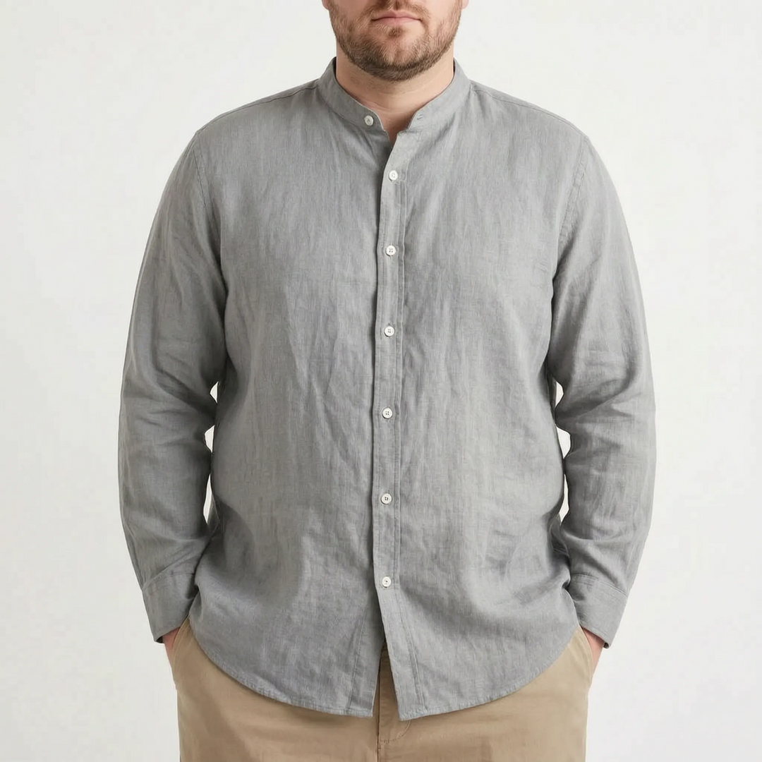 Men's versatile long sleeve stand collar shirt. Solid color, relaxed fit, ideal for smart casual & summer occasions.