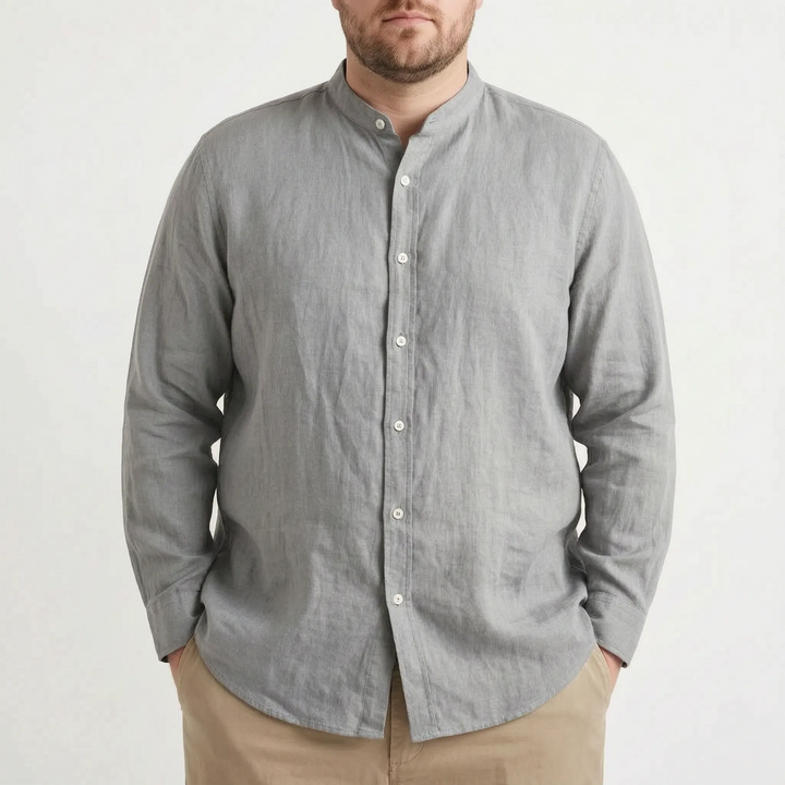 Men's versatile long sleeve stand collar shirt. Solid color, relaxed fit, ideal for smart casual & summer occasions.