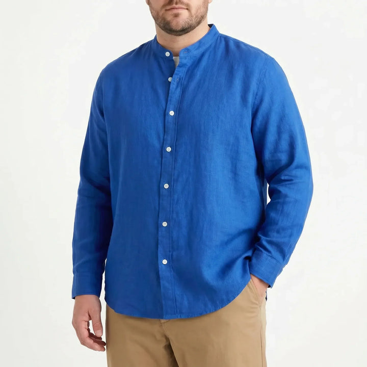 Stylish men's stand collar shirt with long sleeves. Ideal for summer, casual outings, or smart casual events.