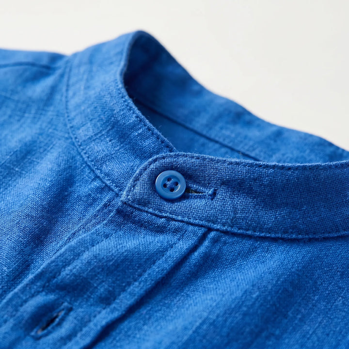 Versatile men's stand collar long sleeve shirt. Solid color, relaxed fit, suitable for casual & smart summer style.