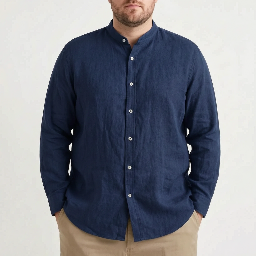 Relaxed fit men's long sleeve stand collar shirt. Solid color, button front, a smart casual and versatile top.