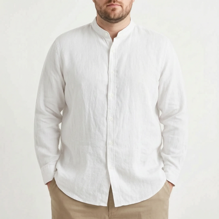 Chic men's stand collar shirt. Long sleeve, solid, perfect for a smart casual or relaxed summer apparel look.