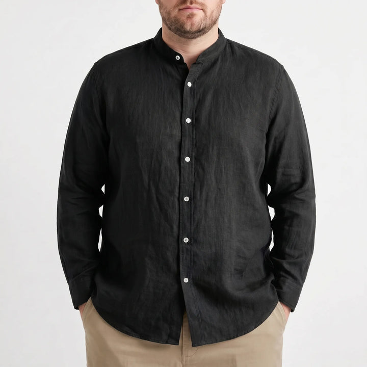 Men's casual stand collar long sleeve shirt. Solid color, button front, versatile for smart casual summer style.