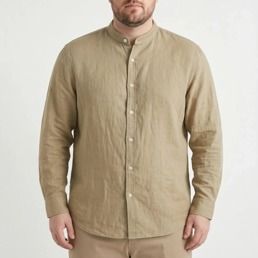 Modern men's stand collar long sleeve shirt in a solid color. Relaxed fit, great for smart casual or summer.