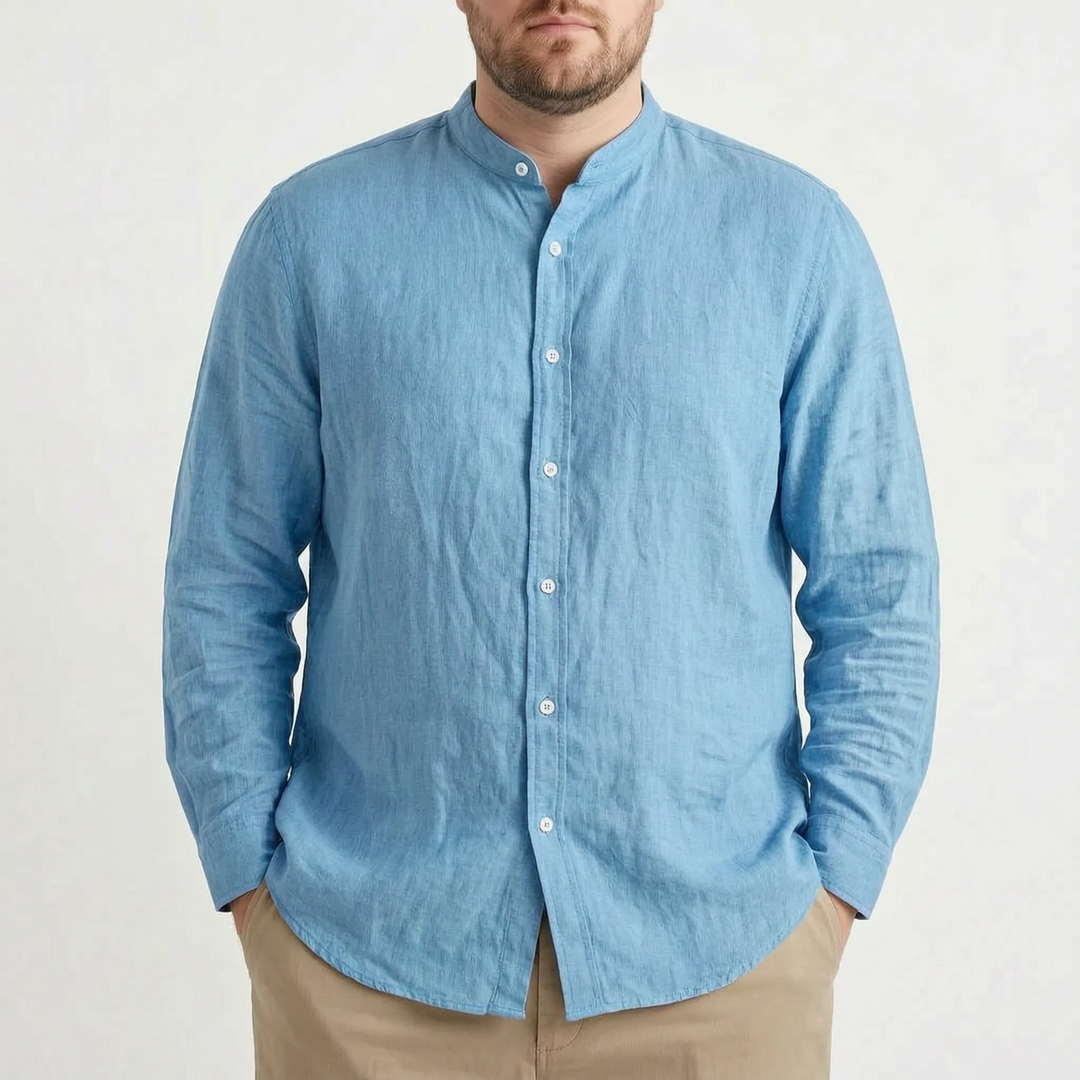 Comfortable men's stand collar long sleeve shirt. Solid, relaxed fit, versatile for casual & smart summer wear.