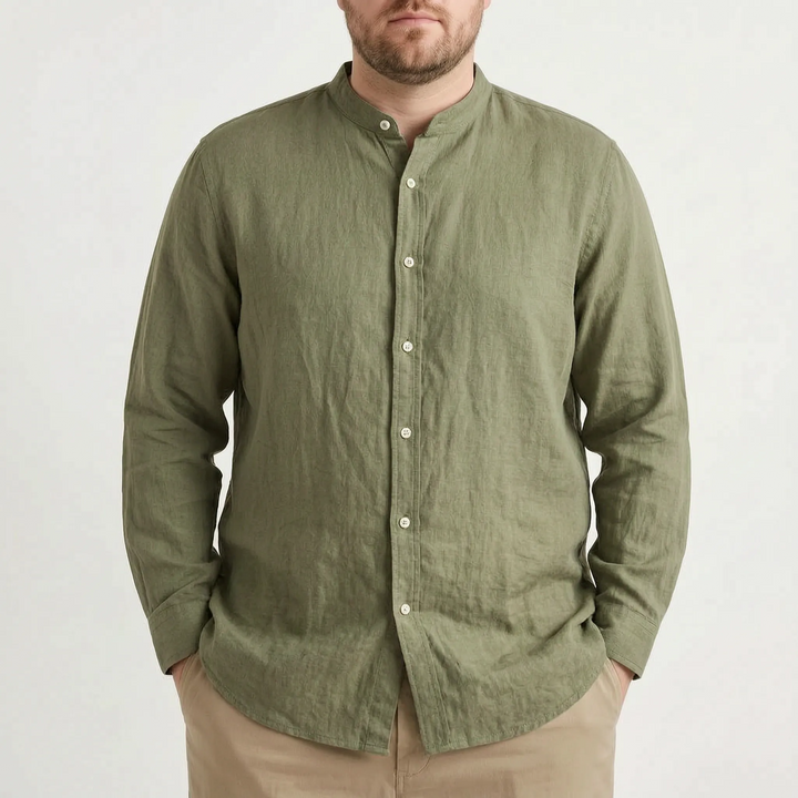 Solid men's stand collar shirt with long sleeves & button front. Versatile for smart casual or relaxed summer style.