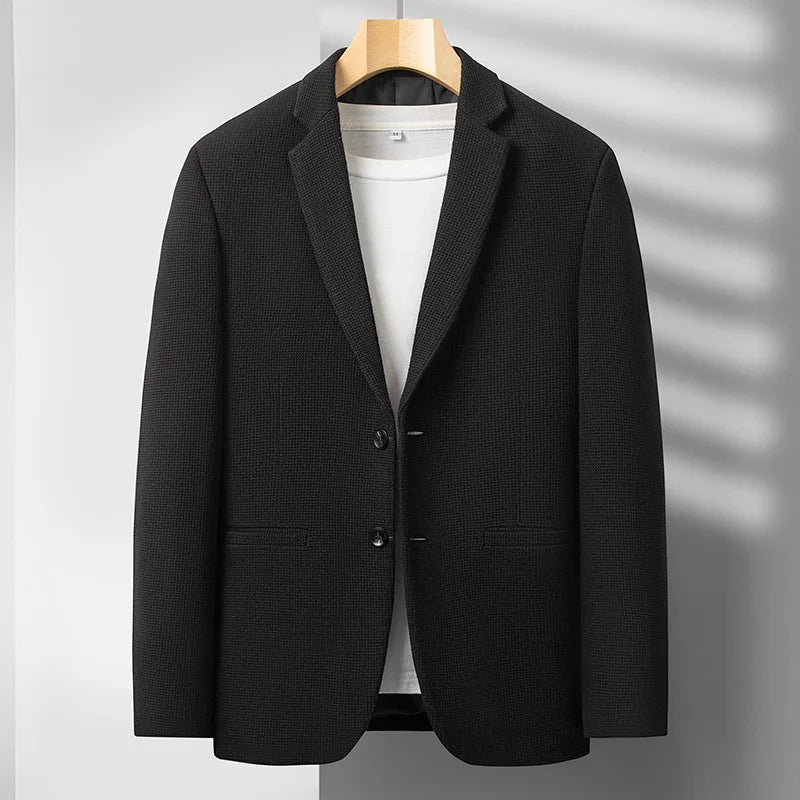 Black men's formal tailored blazer jacket, ideal for elegant menswear, business, or stylish outerwear.