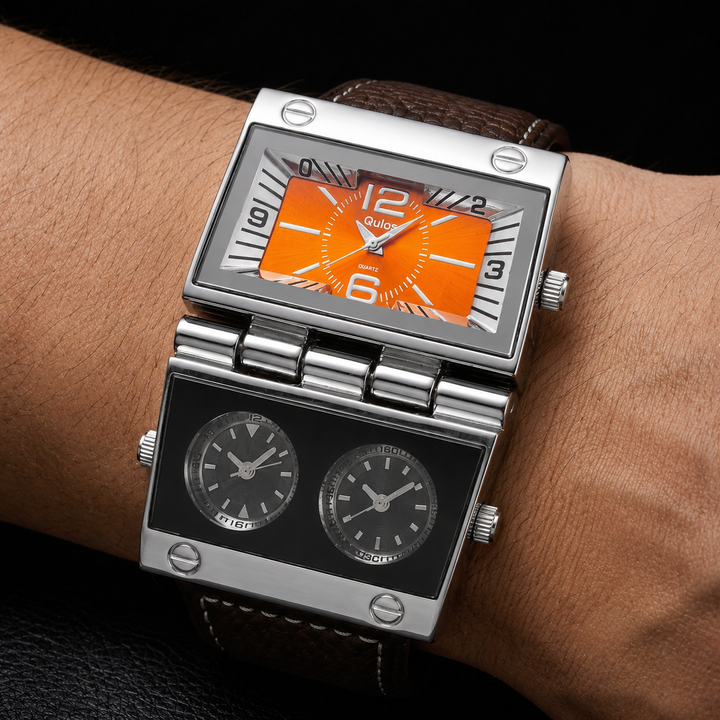 Men's sport-luxury analog-digital watch with leather strap, rectangular face, and shock resistance.