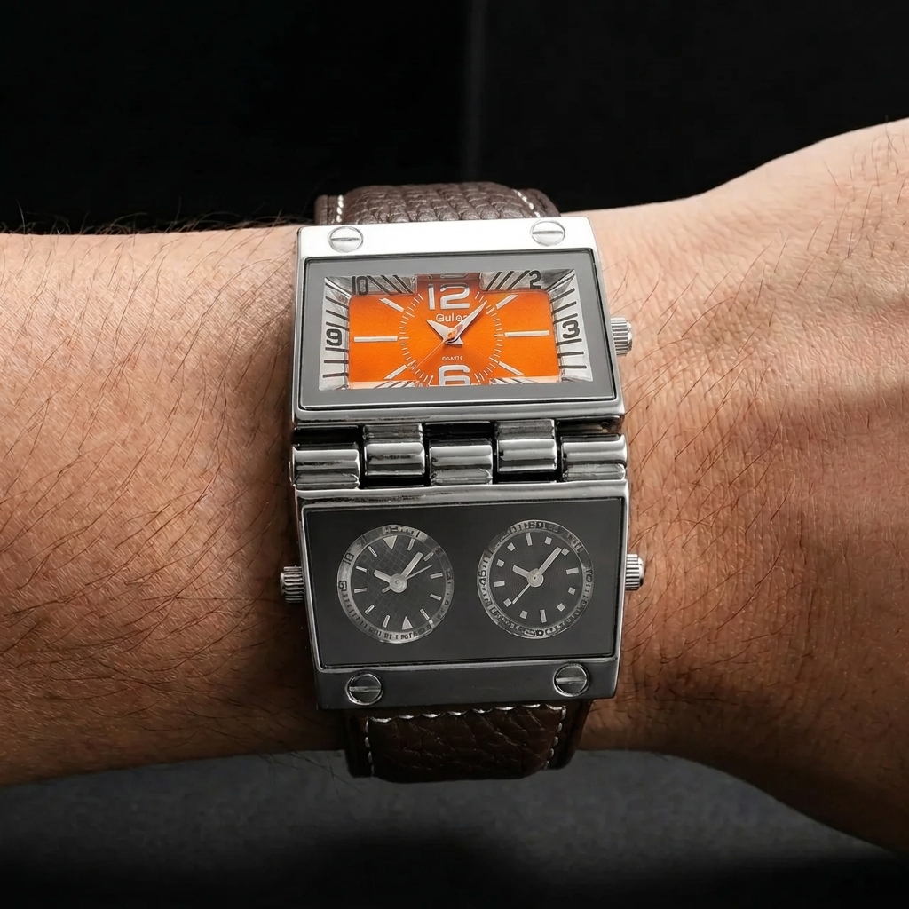 Stylish men's rectangular analog-digital watch, a luxury sport accessory with dual time zones.