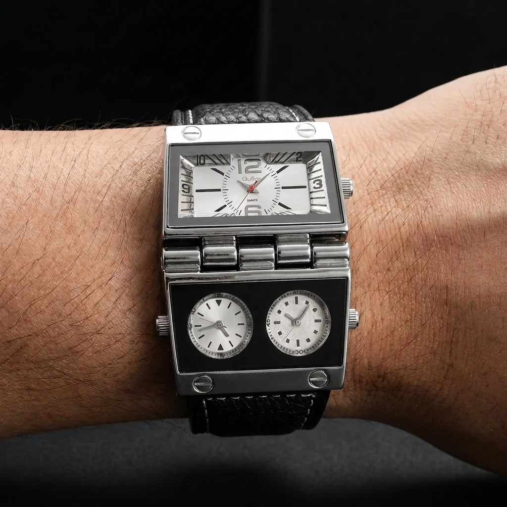 Luxury men's fashion watch, analog-digital display, with a sleek leather strap and rectangular design.