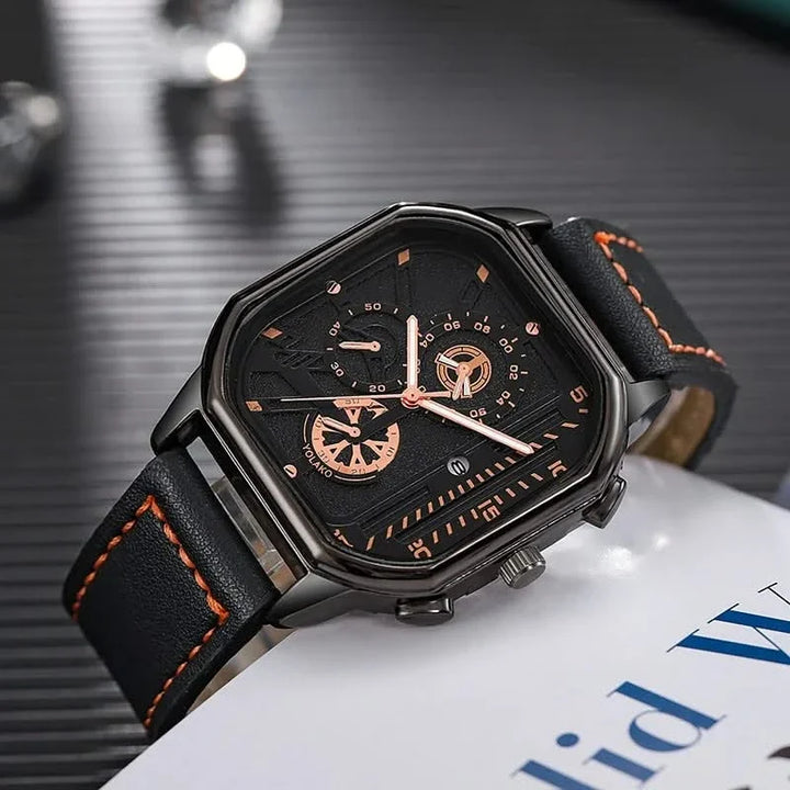 Stylish men's watch featuring a modern square dial, quartz movement, and genuine leather strap.