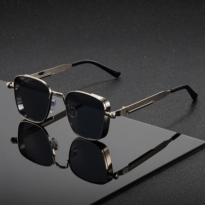Gold square frame UV400 men's sunglasses. Geometric fashion shades offering premium eye protection.