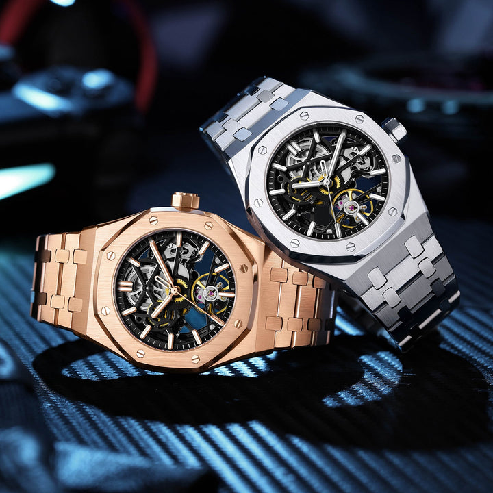 Side view of durable men's stainless steel executive watch, showcasing robust design and luxury finish.
