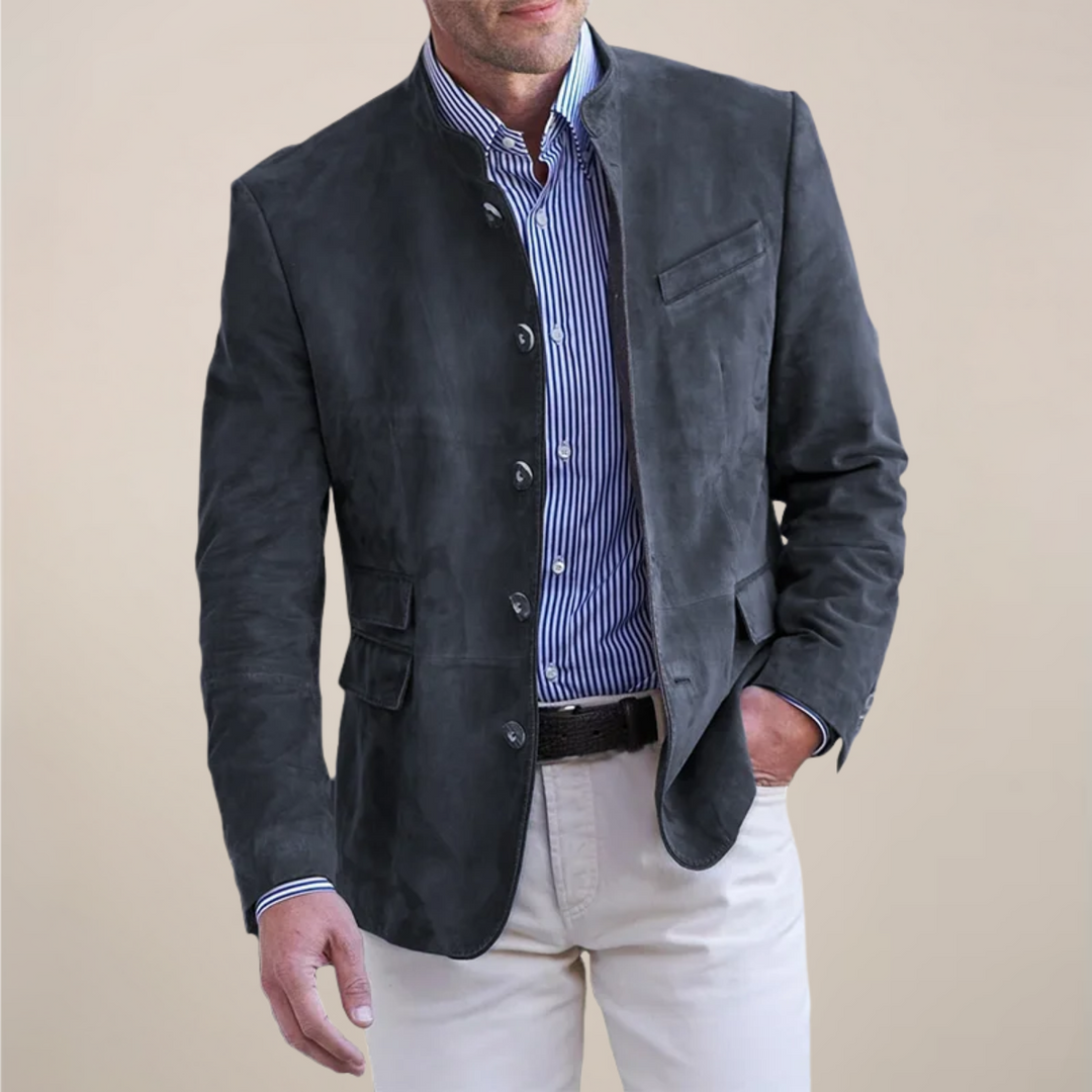 Men's stand collar blazer in a smart casual style, perfect for versatile layering and modern men's fashion.