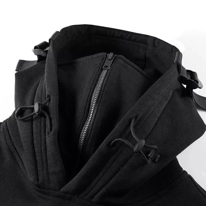 Stylish men's zip up hoodie. Stealth design with front shield and practical zipper pockets for urban wear.