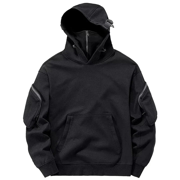 Men's fashionable zip hoodie, stealth design with a protective front shield and convenient zipper pockets.