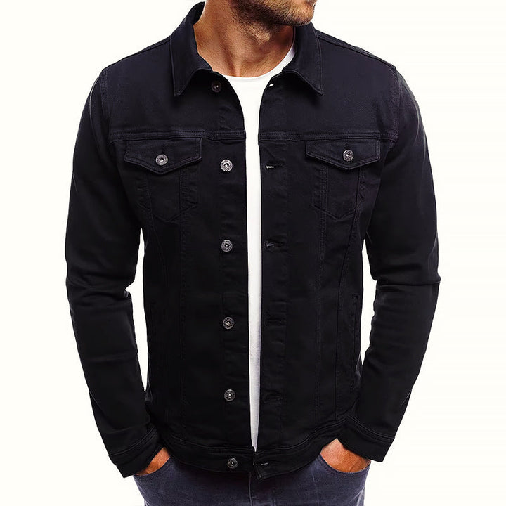 Stylish men's denim outerwear, a versatile layering jacket for all-season casual fashion.