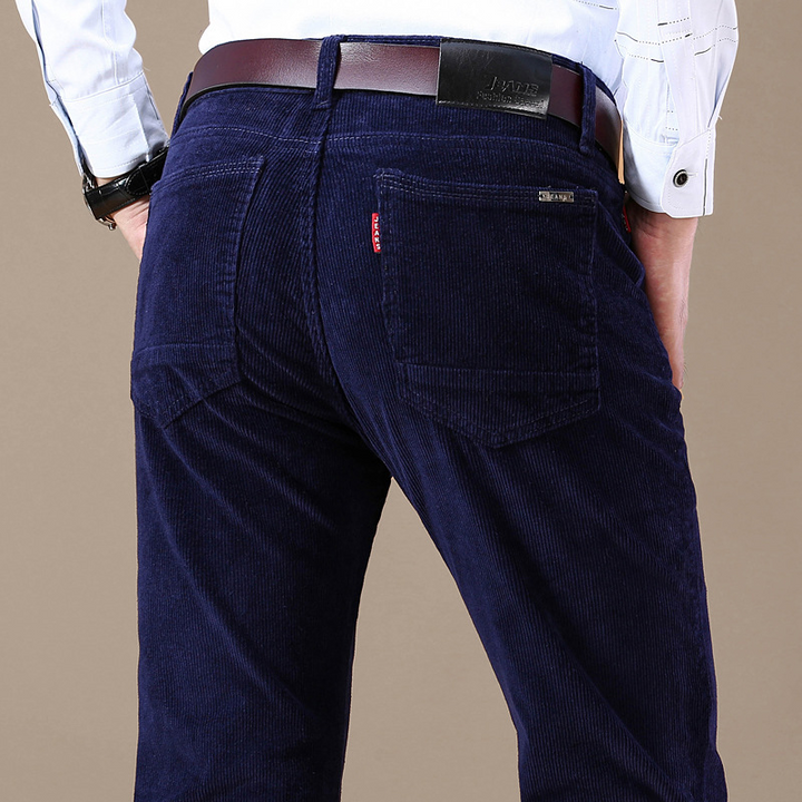 Classic comfortable men's stretch corduroy trousers, stylish fall fashion men's apparel with tailored fit.