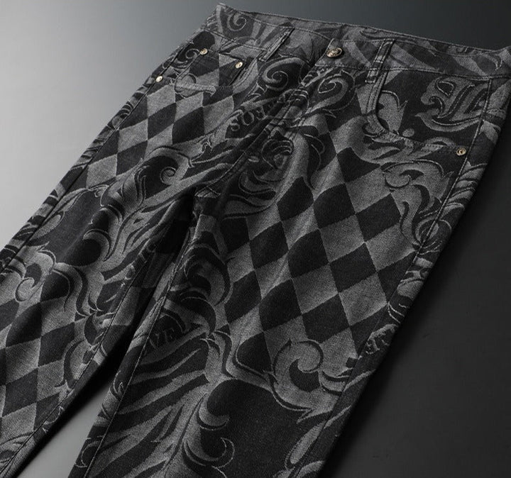 Full shot: Men's comfort fit stretch denim jeans, showcasing etched design. Flexible & stylish denim.