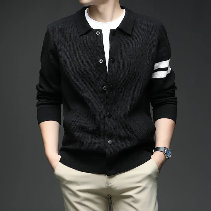 Elegant men's striped collar cardigan jacket, a comfortable long sleeve top for modern men's fashion.