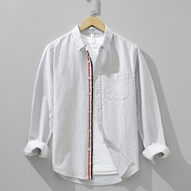 Lightweight men's striped button-up long-sleeve shirt. Perfect for versatile casual & smart casual fashion.