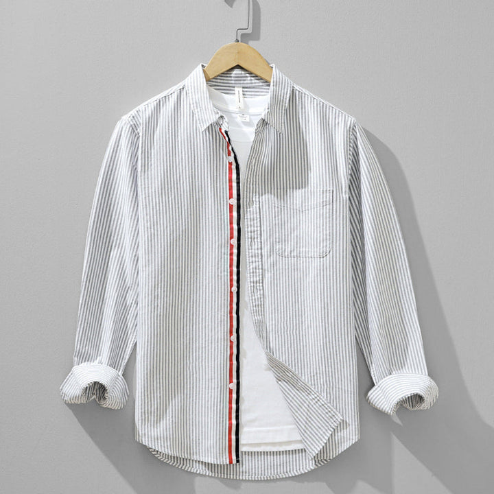Lightweight men's striped button-up long-sleeve shirt. Perfect for versatile casual & smart casual fashion.