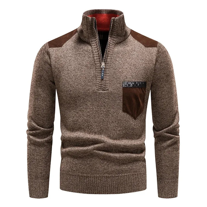Warm knit men's half-zip pullover. Stylish menswear for cold weather & layered comfort.