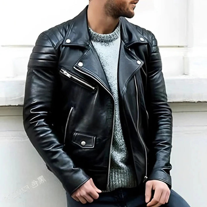 Sleek men's leather biker jacket, designed for all-season versatility, modern streetwear, and a cool motorcycle vibe.