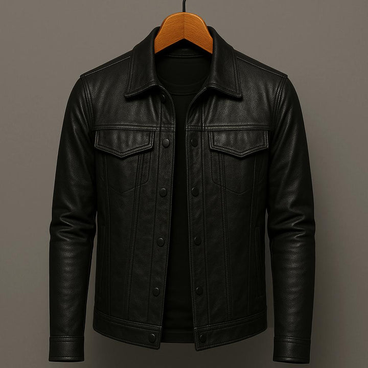 Men's stylish black tailored outerwear jacket, slim fit for a modern smart casual look.