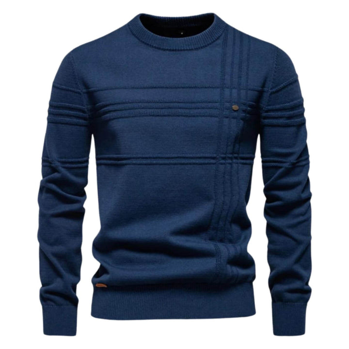 Stylish men's crew neck sweater featuring a subtle refined line detail. Ideal for a modern, relaxed look.