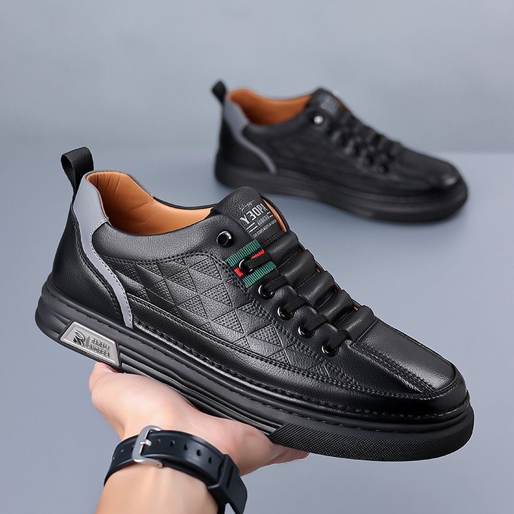 Clean, stylish men's casual sneakers with a refined embossed pattern for various outfits and comfort.