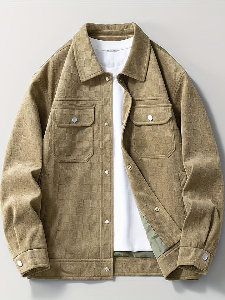 Versatile men's checkered jacket with snap cuffs & pockets. Structured for transitional style.