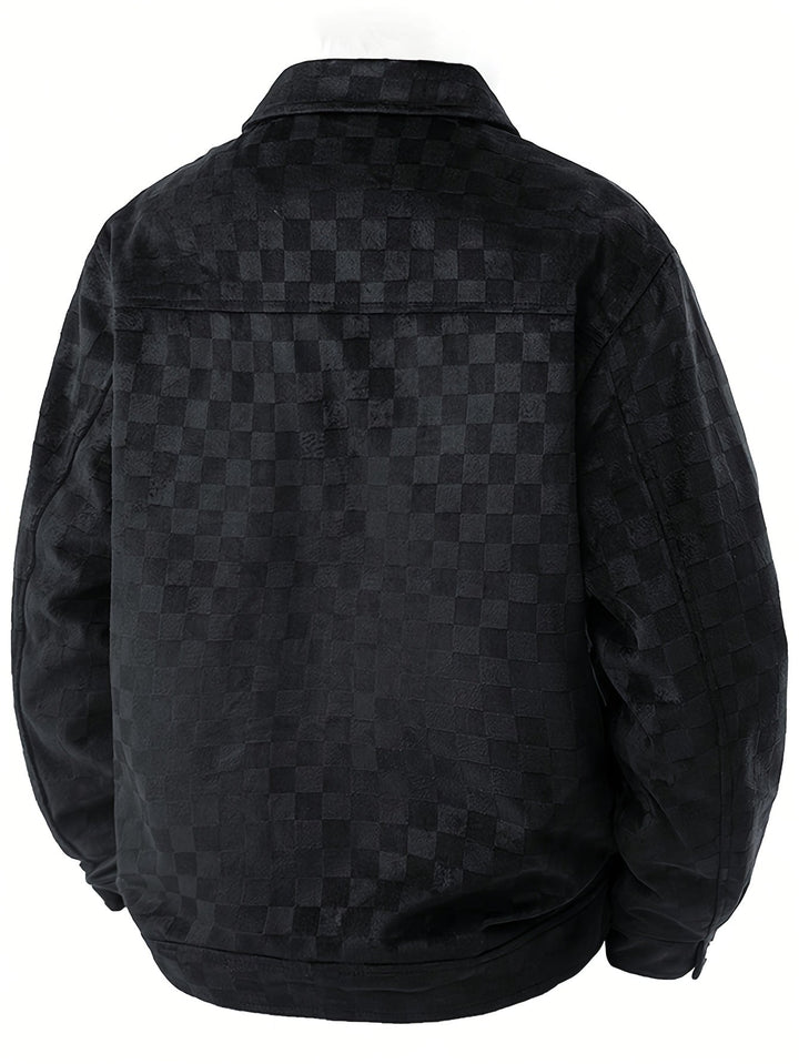 Transitional men's checkered jacket, modern fit. Features snap cuffs & pockets for versatile style.
