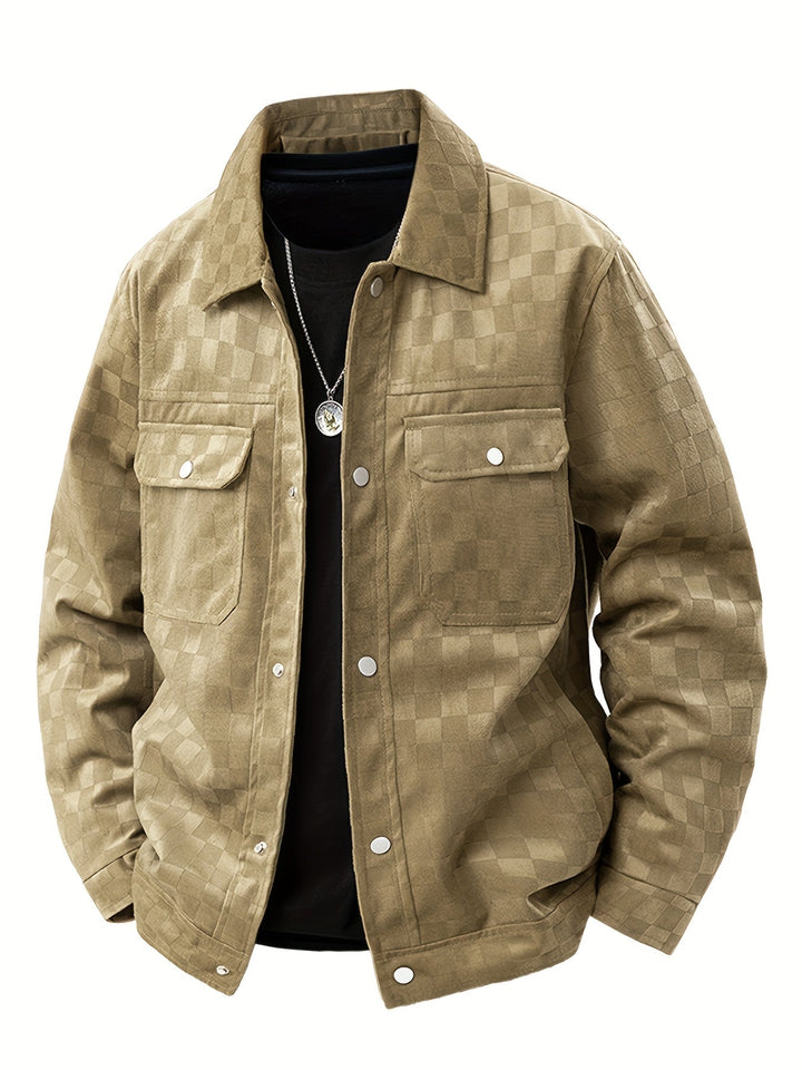 Stylish men's checkered jacket, modern fit. Casual, breathable outerwear with snap cuffs.