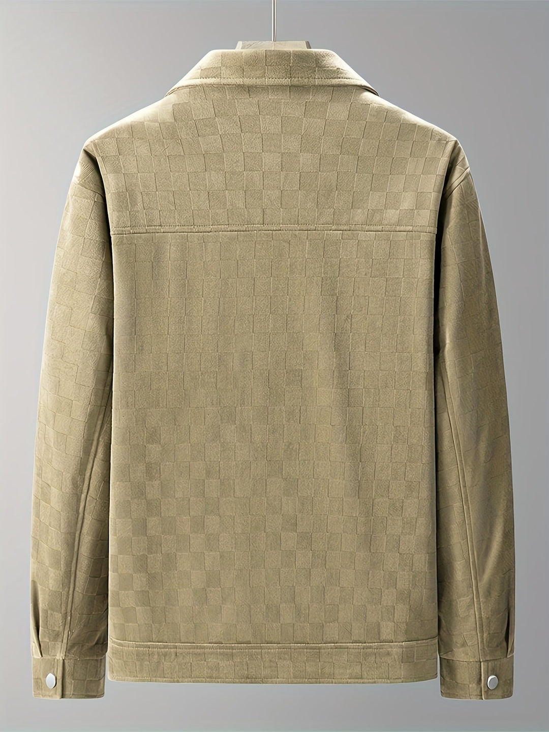 Men's stylish checkered jacket with snap cuffs & pockets. Modern fit, structured for versatile layering.