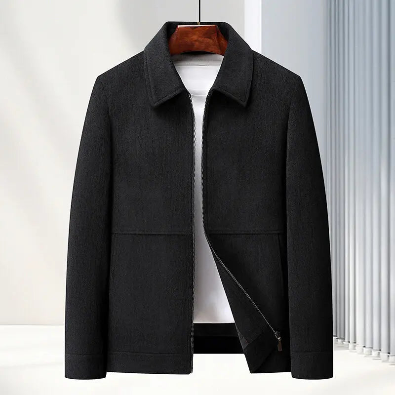 Sleek black men's woven jacket, a modern layering piece for contemporary casual and smart casual attire.